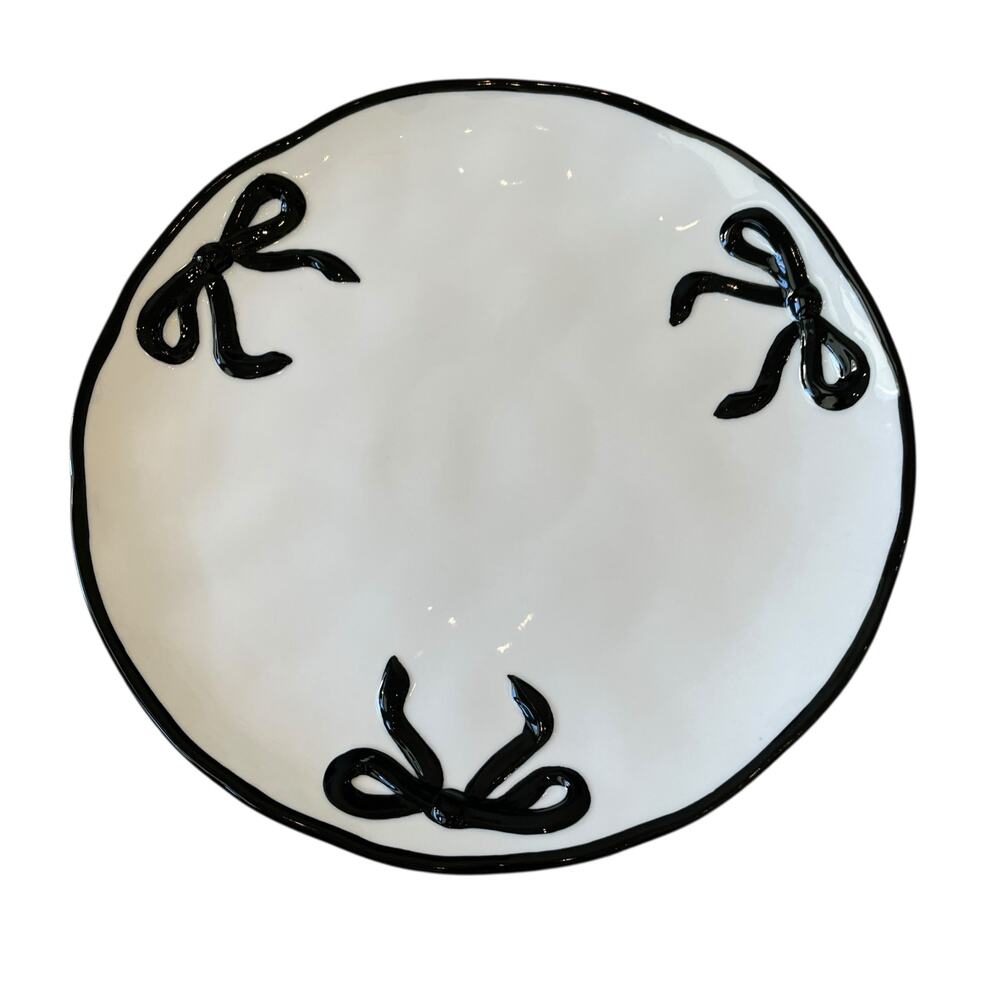 Hand Painted Coquette Black Bow Dinner Plates 10.25in White Ceramic Set of 4 NEW